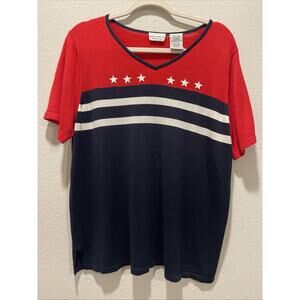 Vintage White Stag Knit V-neck Short Sleeve Top Sz 16W July 4th Red White Blue